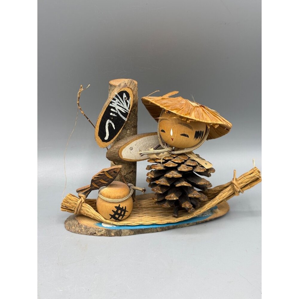 Vtg Koskeshi Handcrafted Pinecone Fisherman Figurine‎ Hat Boat Japan